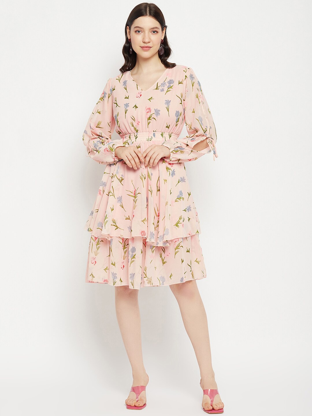 

Bitterlime Floral Printed Puff Sleeves Fringed Layered Fit & Flare Dress, Peach