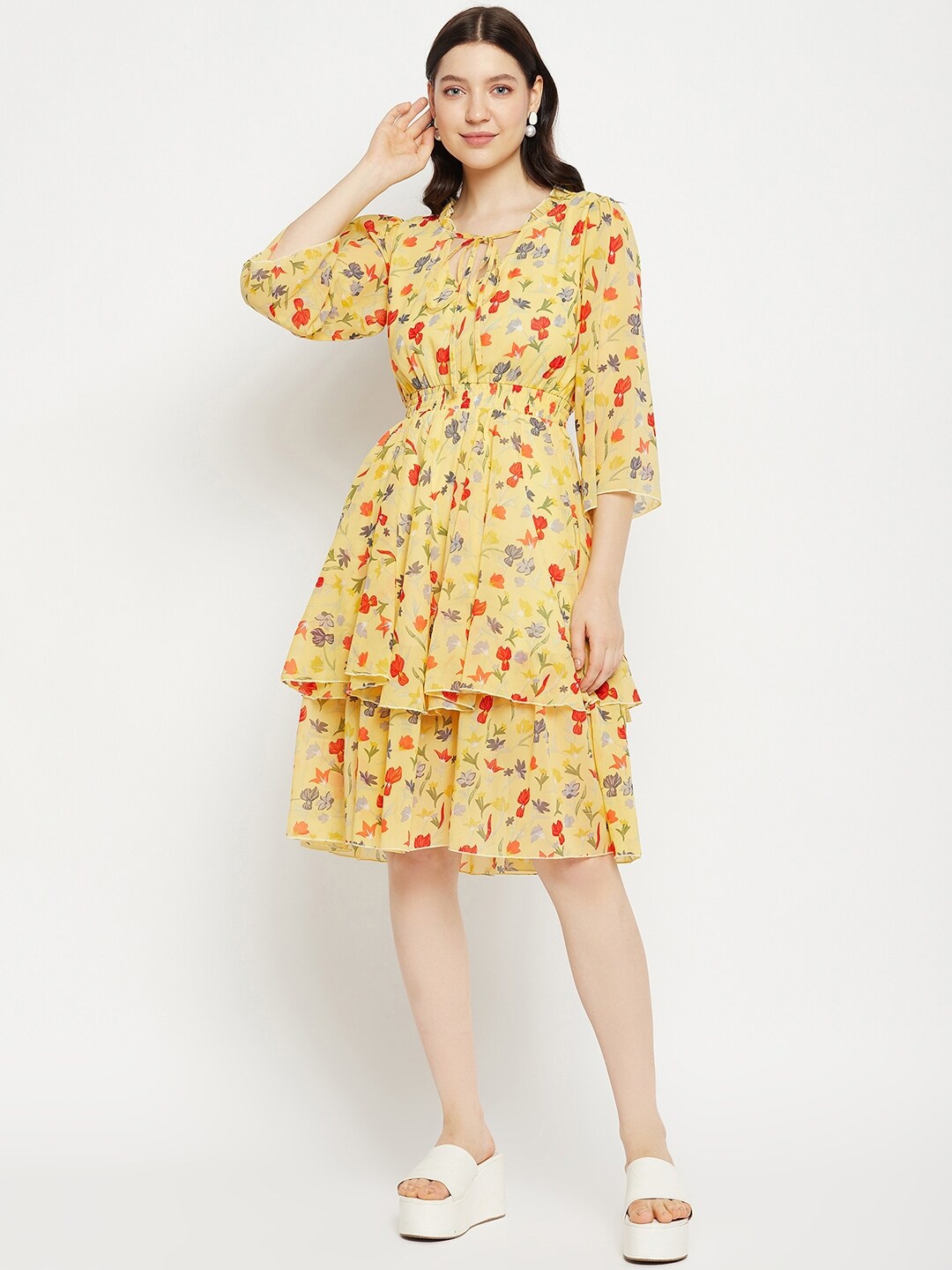

Bitterlime Floral Printed Tie-Up Neck Layered Fit & Flare Dress, Mustard
