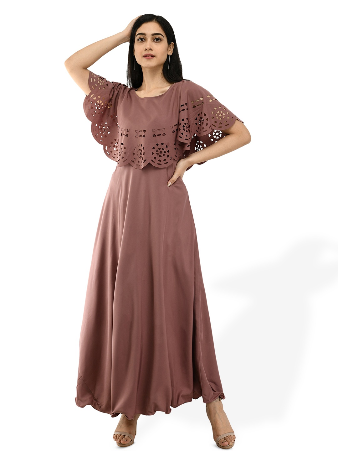 

OCEANISTA Cape Sleeves Cut Outs Maxi Dress, Brown
