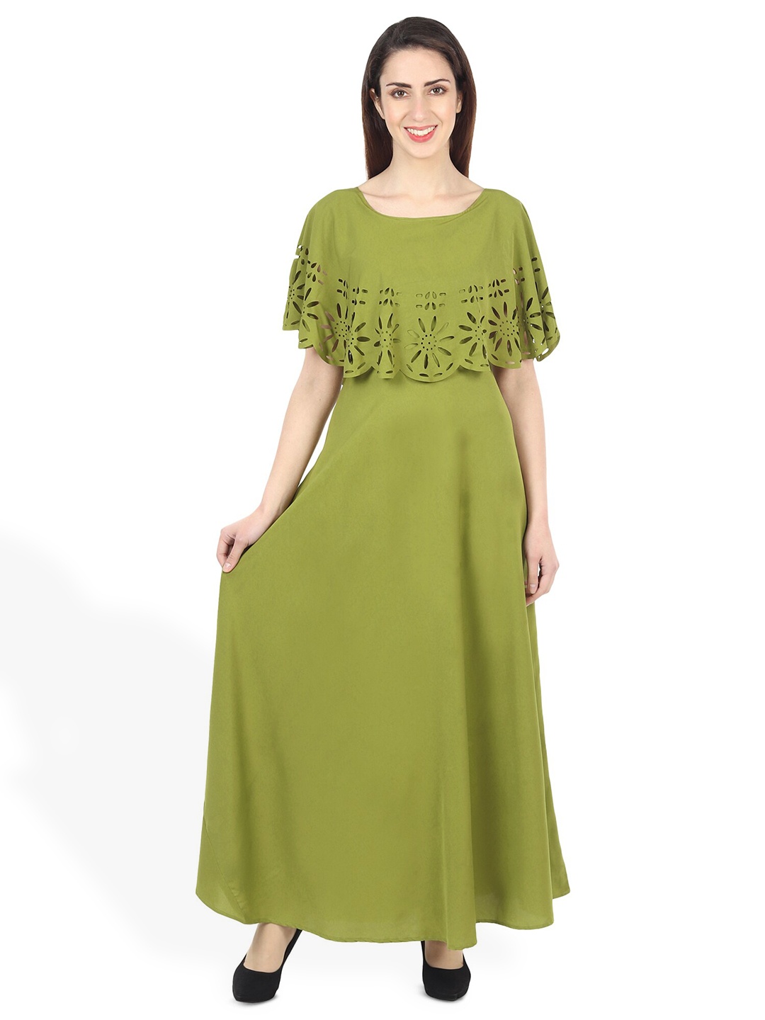 

OCEANISTA Self Design Cape Sleeves Gathered Maxi Dress, Green