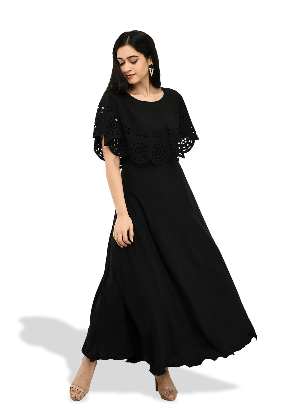 

OCEANISTA Self Design Cape Sleeves Gathered Maxi Dress, Black