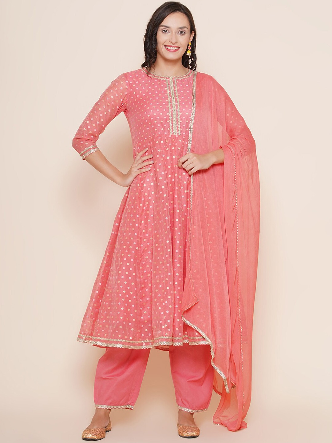 

Bhama Couture Chanderi Silk Anarkali Kurta With Paijamas & With Dupatta, Peach