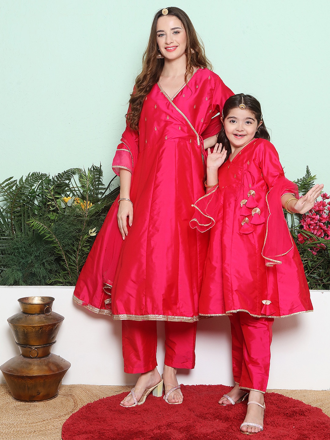

Bhama Couture V-Neck Zari Angrakha Kurta With Trousers & With Dupatta, Pink
