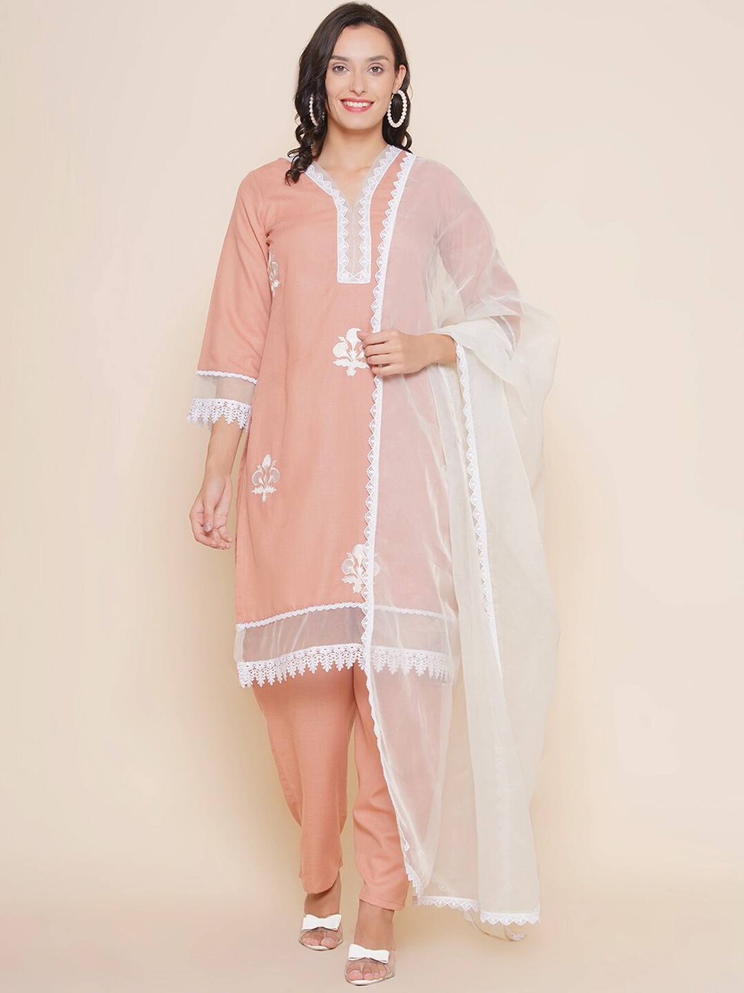 

Bhama Couture Floral Embroidered Regular Kurta With Trousers & With Dupatta, Peach