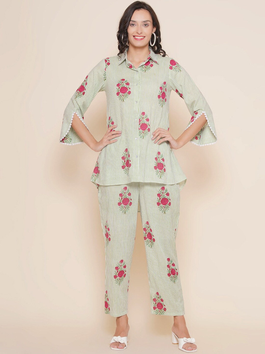 

Bhama Couture Striped Floral Printed Shirt With Palazzo, Green