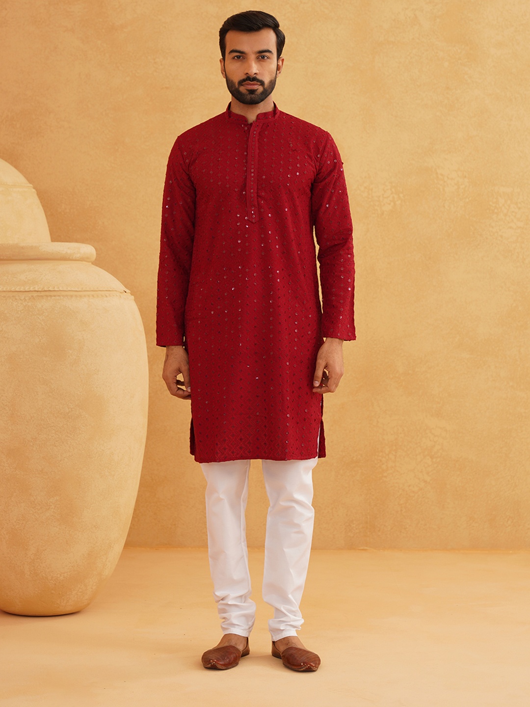 

SOJANYA Ethnic Motifs Embroidered Regular Pure Cotton Kurta With Churidar, Maroon