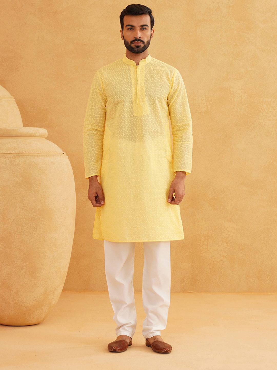 

SOJANYA Geometric Embroidered Regular Pure Cotton Kurta With Churidar, Yellow