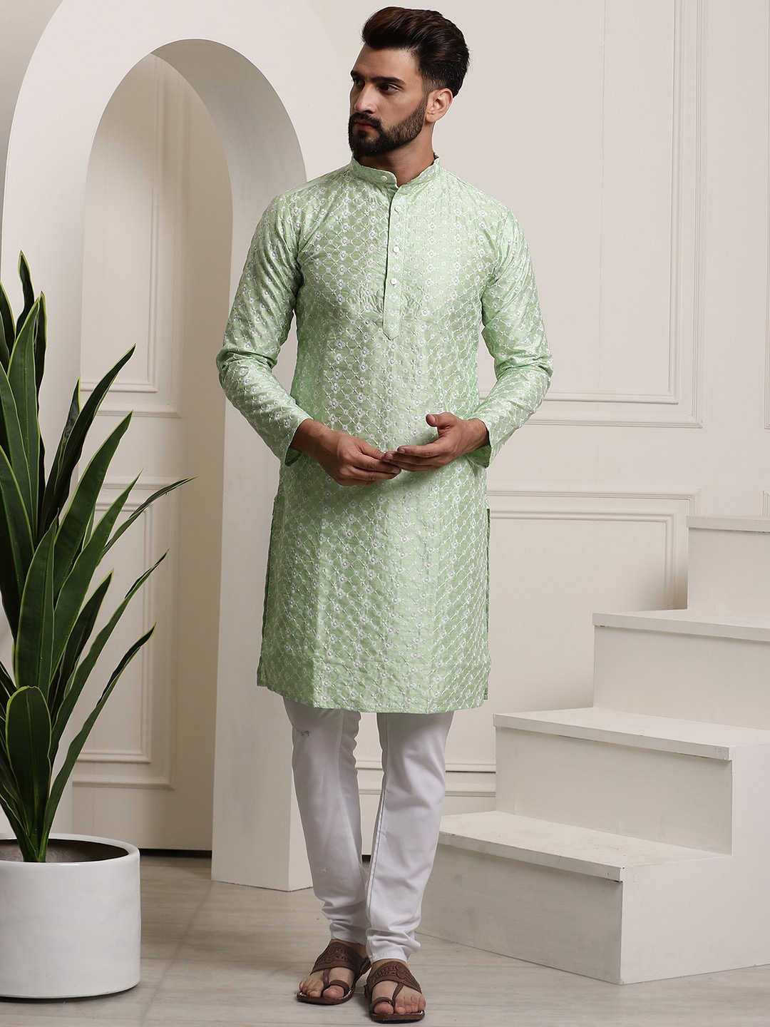 

SOJANYA Ethnic Motifs Embroidered Band Collar Straight Kurta with Churidar, Green