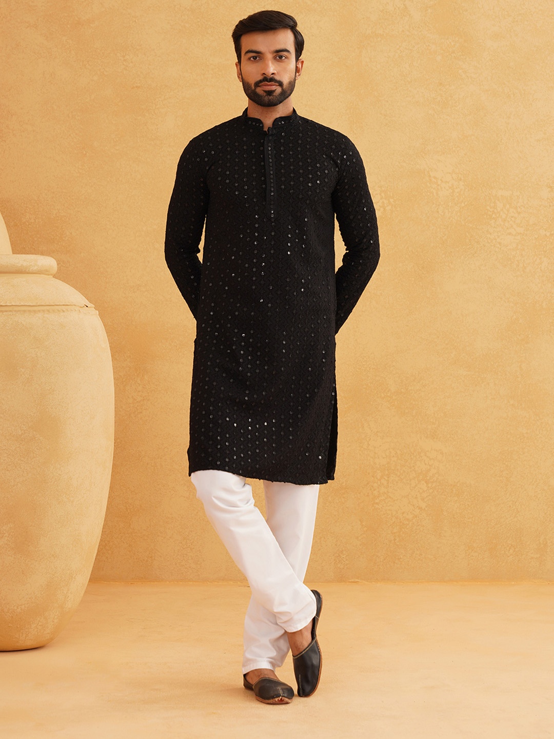 

SOJANYA Ethnic Motifs Embroidered Regular Sequinned Pure Cotton Kurta with Churidar, Black