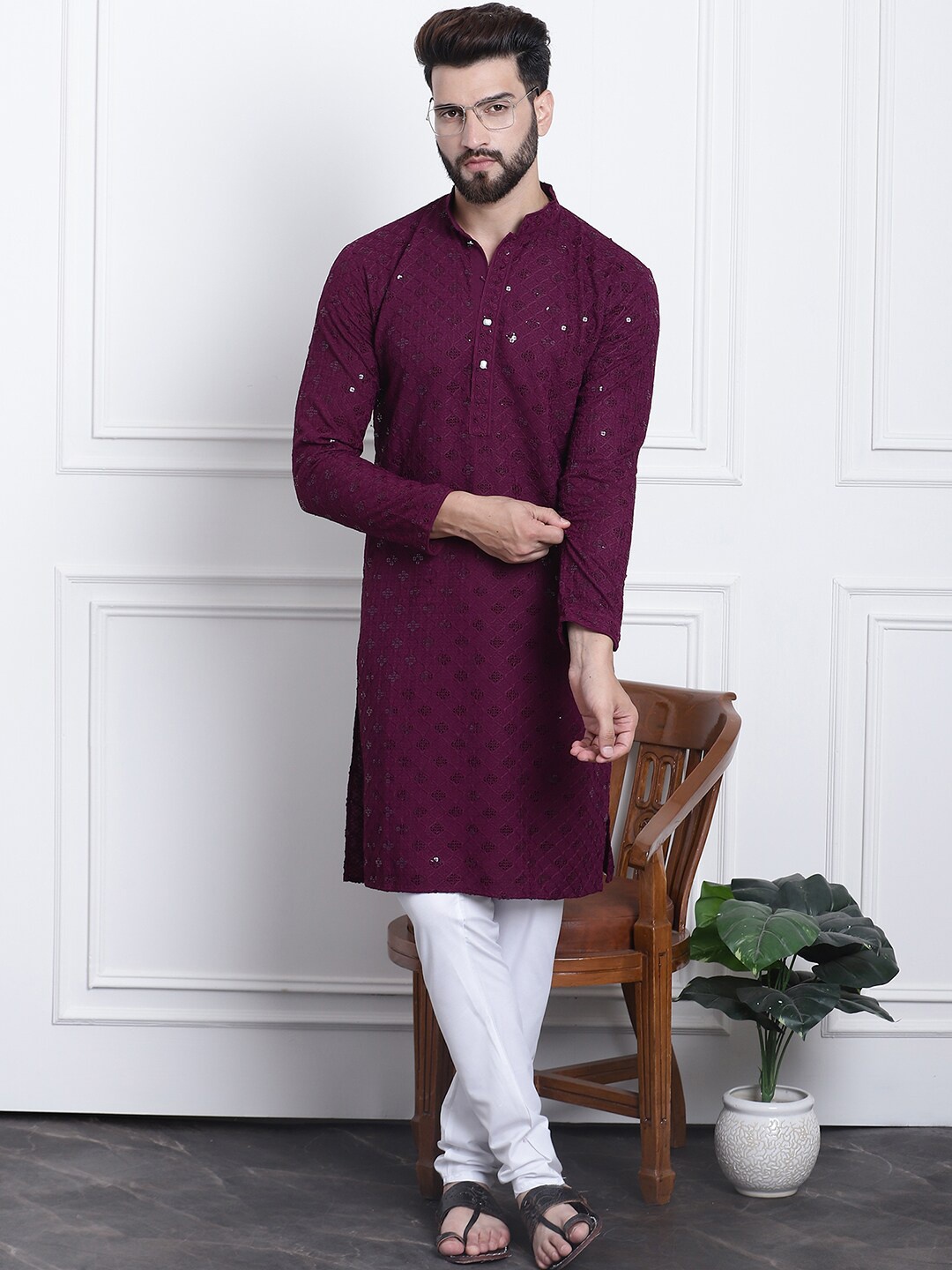 

SOJANYA Ethnic Motifs Embroidered Regular Sequinned Pure Cotton Kurta with Churidar, Purple