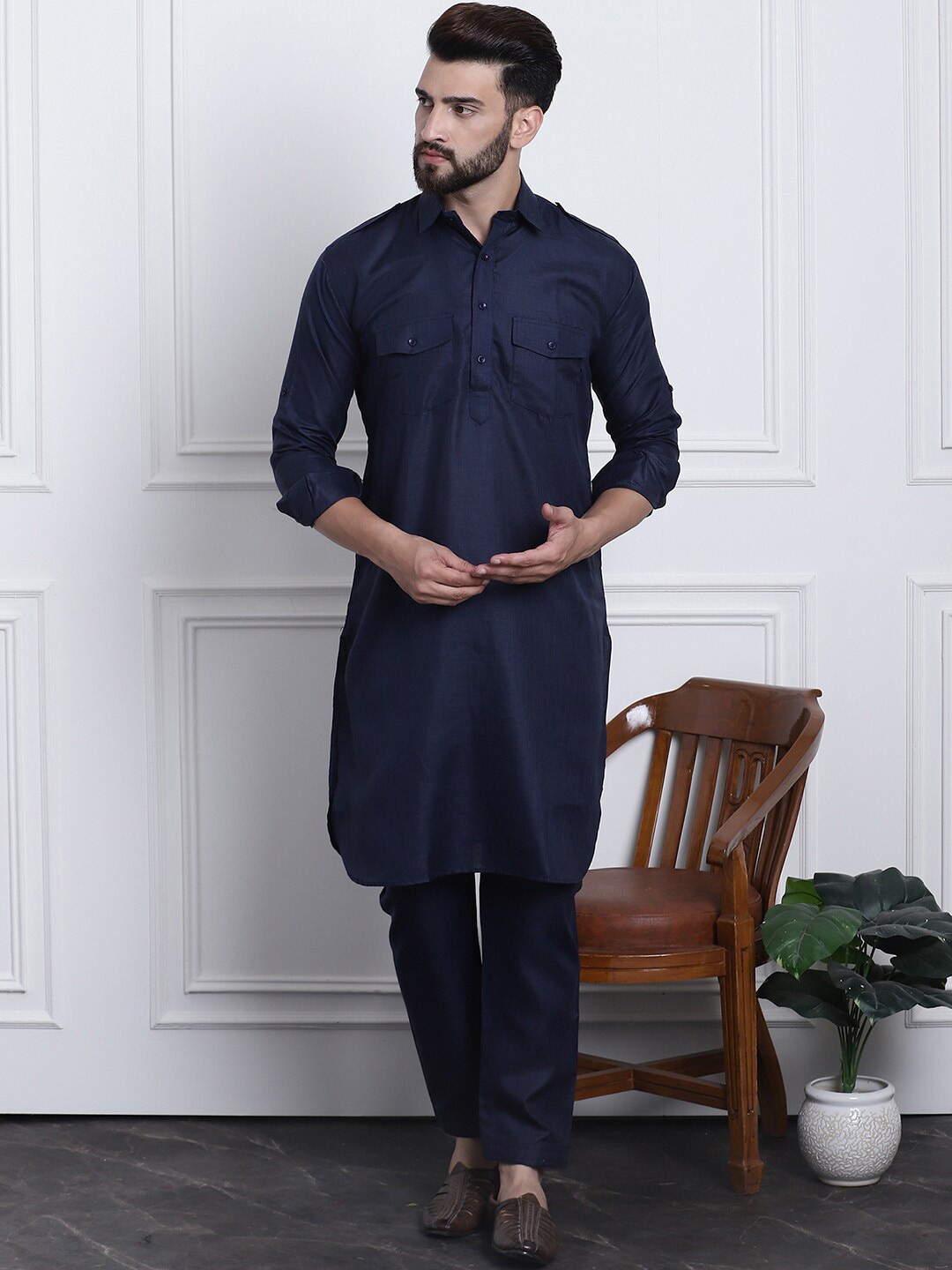 

SOJANYA Shirt Collar Pure Cotton Pathani Kurta with Salwar, Navy blue