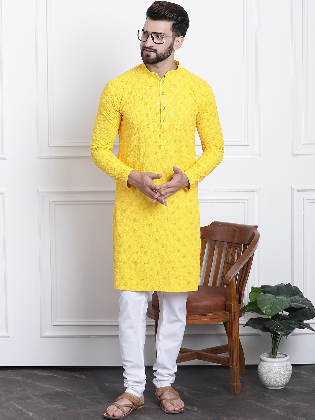 

SOJANYA Embroidered Sequinned Pure Cotton Kurta with Churidar, Yellow