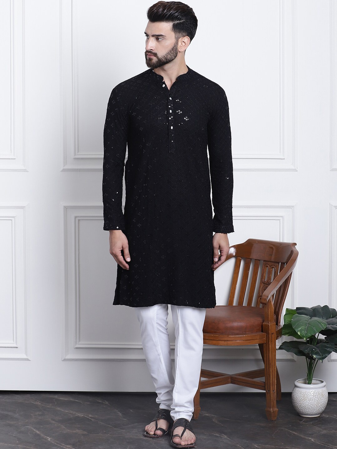 

SOJANYA Ethnic Motifs Embroidered Regular Sequinned Pure Cotton Kurta with Churidar, Black