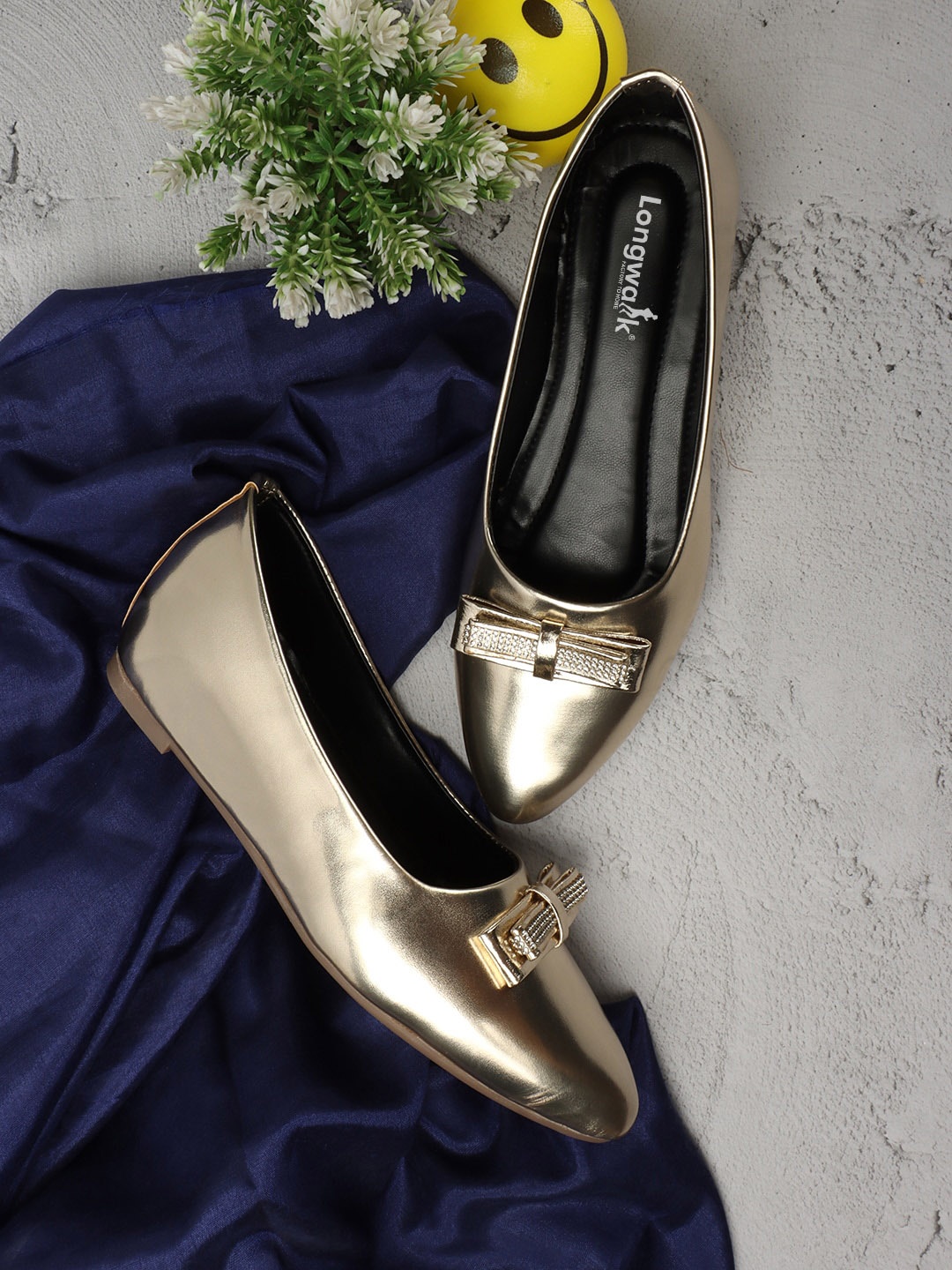 

Longwalk Pointed Toe Ballerinas With Bows, Gold