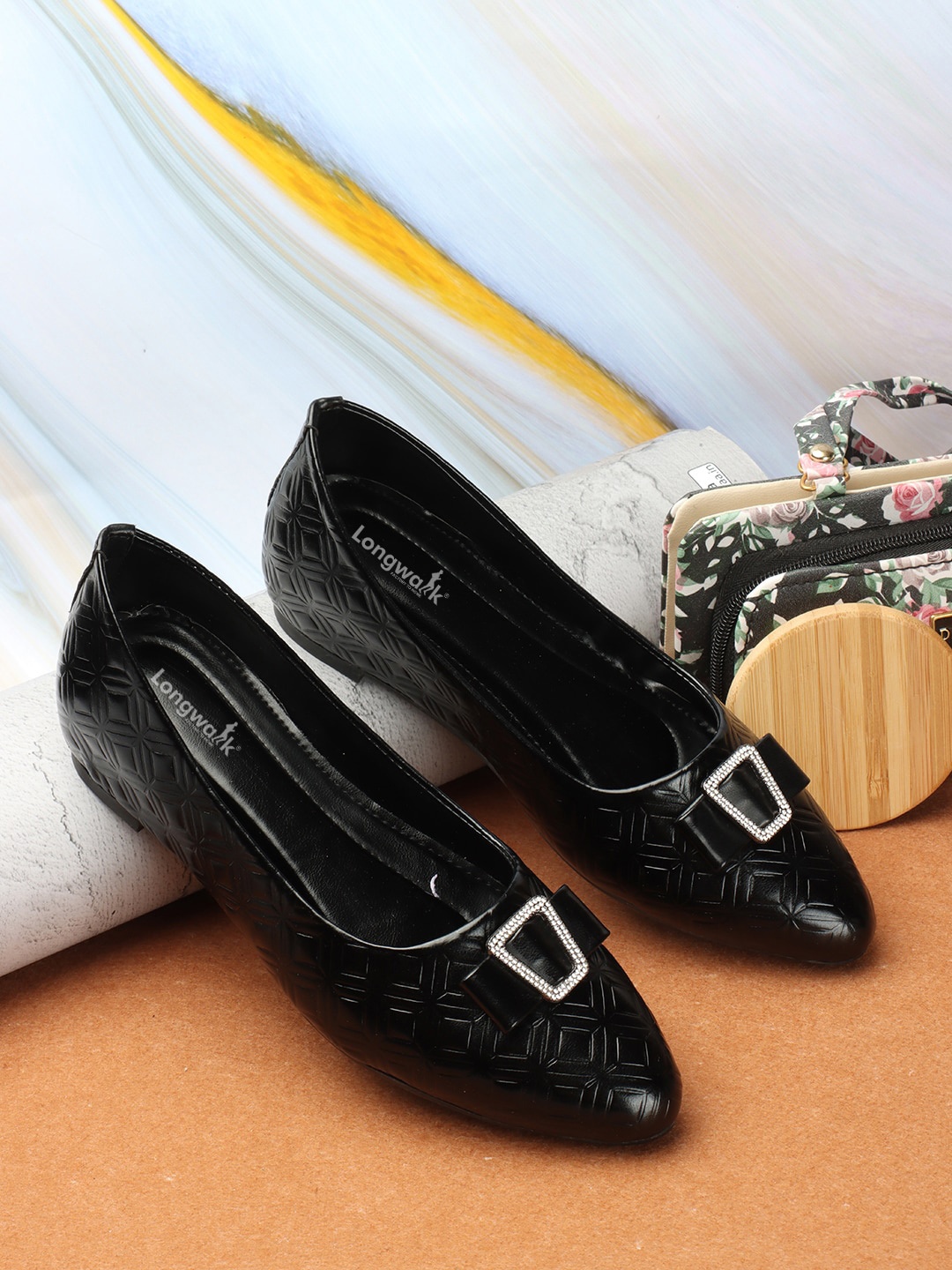

Longwalk Pointed Toe Textured Ballerinas With Bow Detail, Black