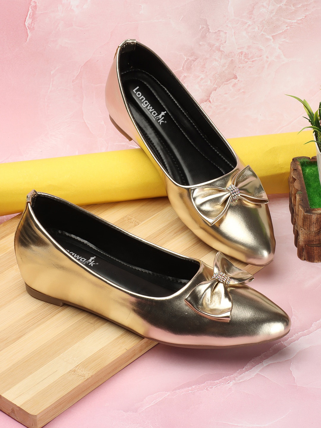 

Longwalk Pointed Toe Ballerinas With Bows, Gold