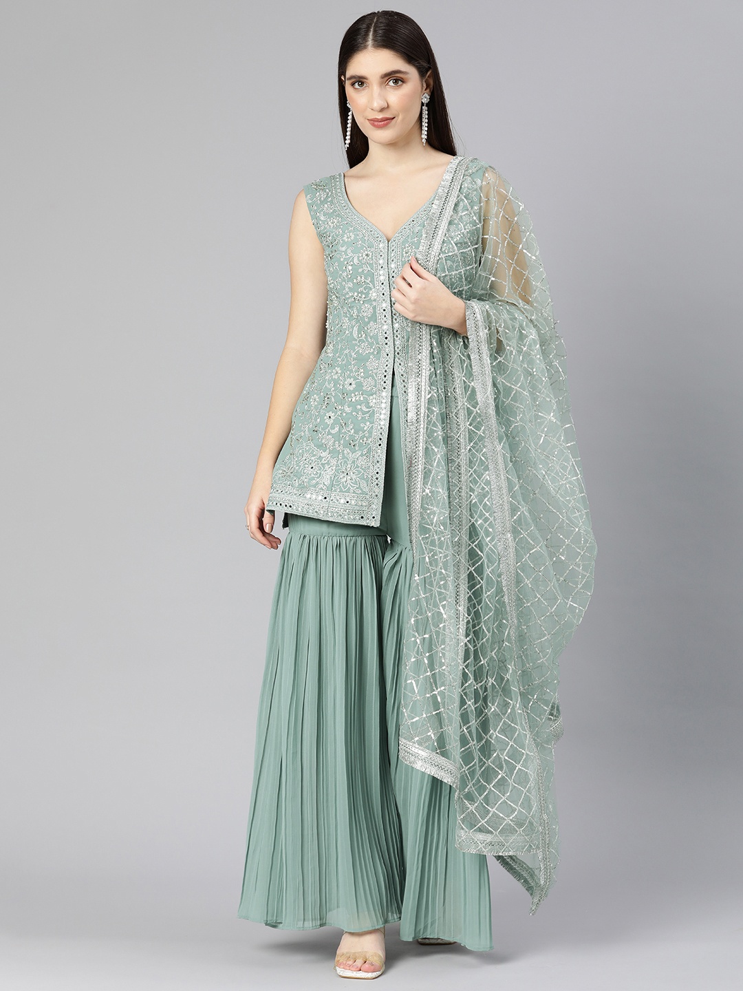 

flaher Women Embroidered High Slit Beaded Kurti with Sharara & With Dupatta, Green