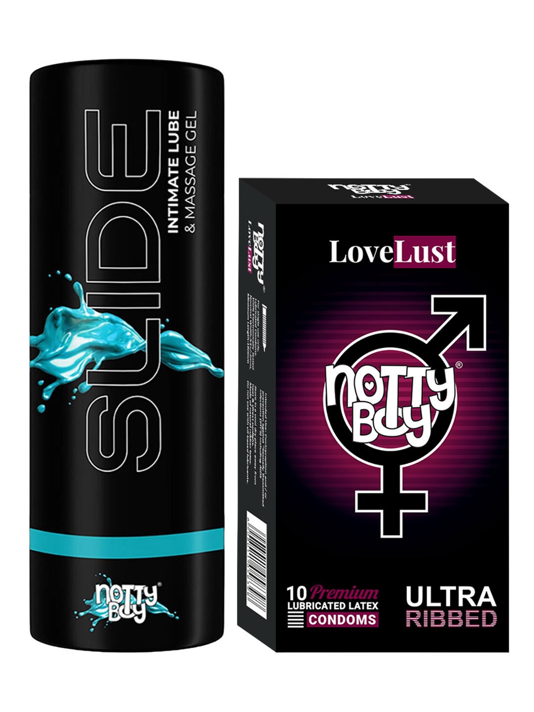 

noTTy Boy Set of Slide Water Based Lube - 100 ml & LoveLust Condoms - 10 Pcs, Black