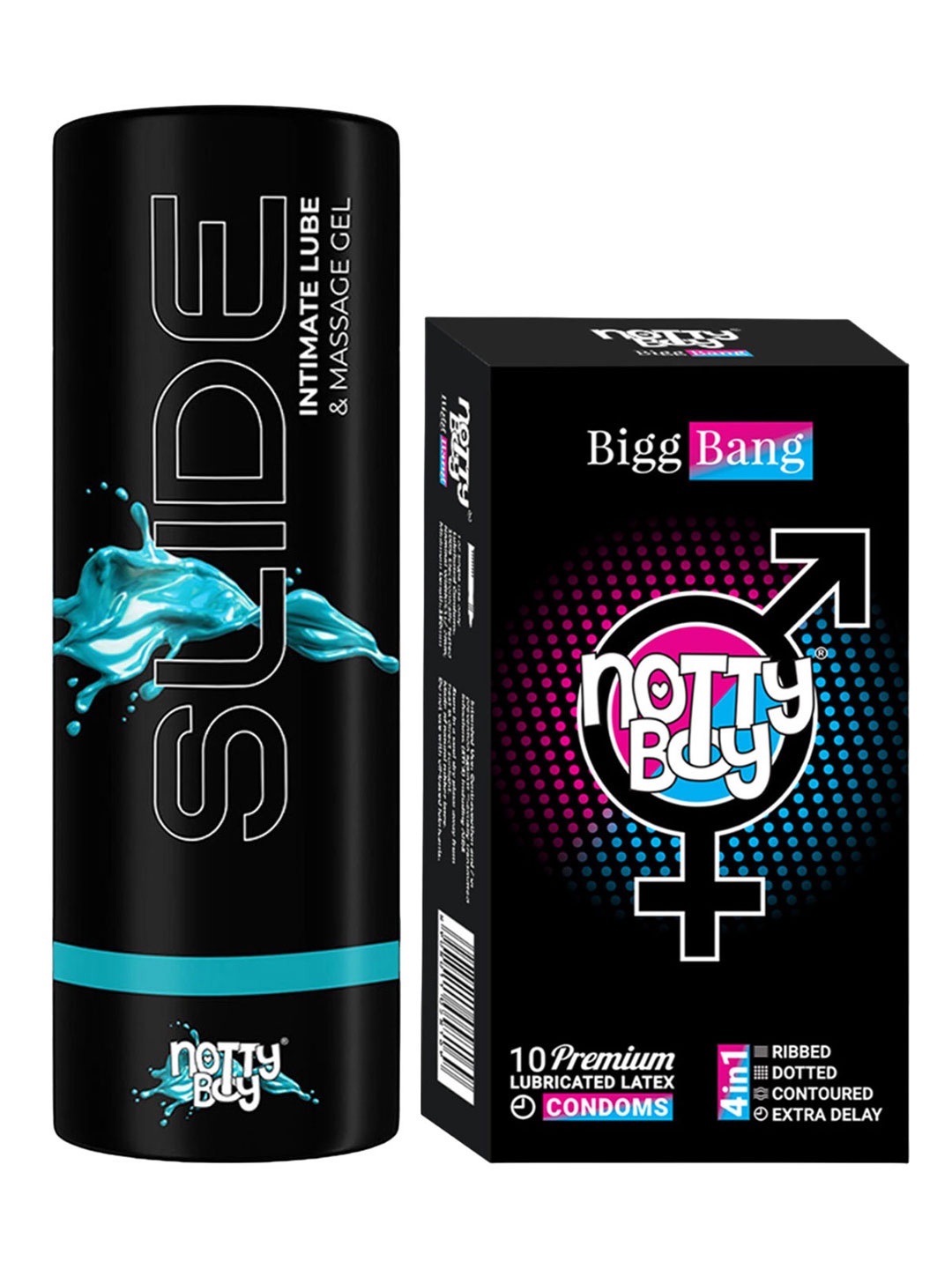 

noTTy Boy Set of Slide Water Based Lube - 100 ml & BiggBang Condoms - 10 Pcs, Black