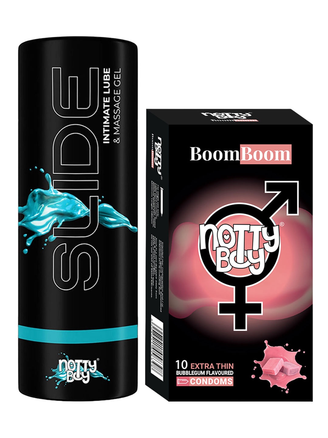 

noTTy Boy Set of Slide Water Based Lube - 100 ml & BoomBoom Condoms - 10 Pcs, Black
