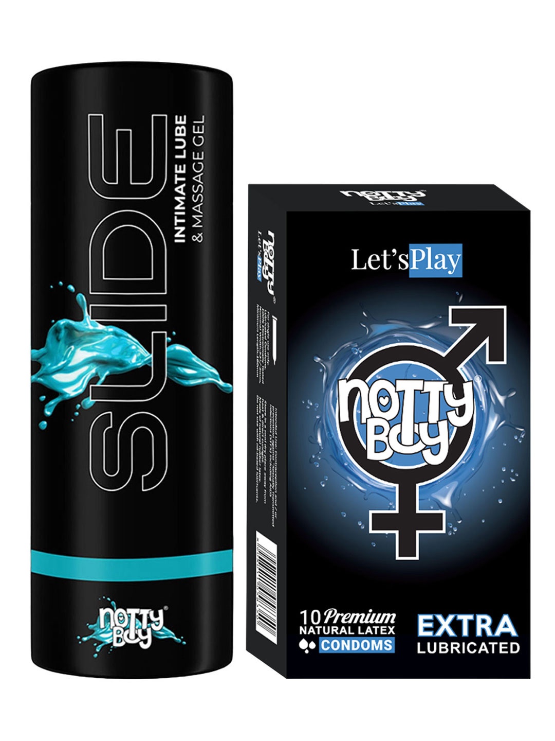 

noTTy Boy Set of Slide Water Based Lube - 100 ml & LetsPlay Condoms - 10 Pcs, Black