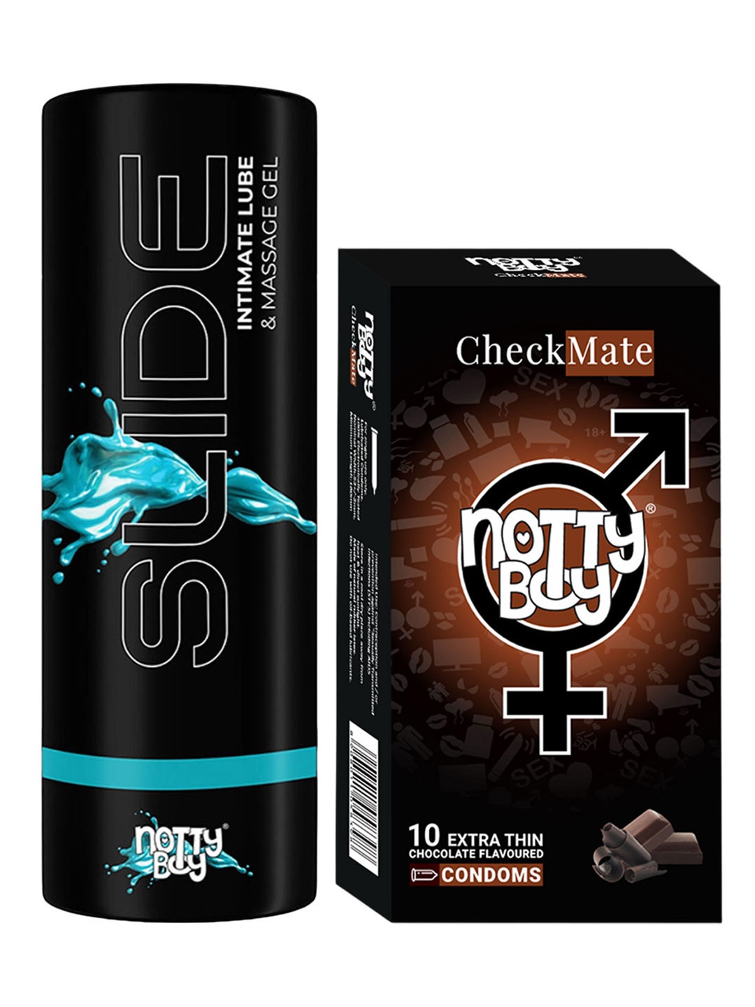 

noTTy Boy Set of Slide Water Based Lube - 100 ml & CheckMate Condoms - 10 Pcs, Black