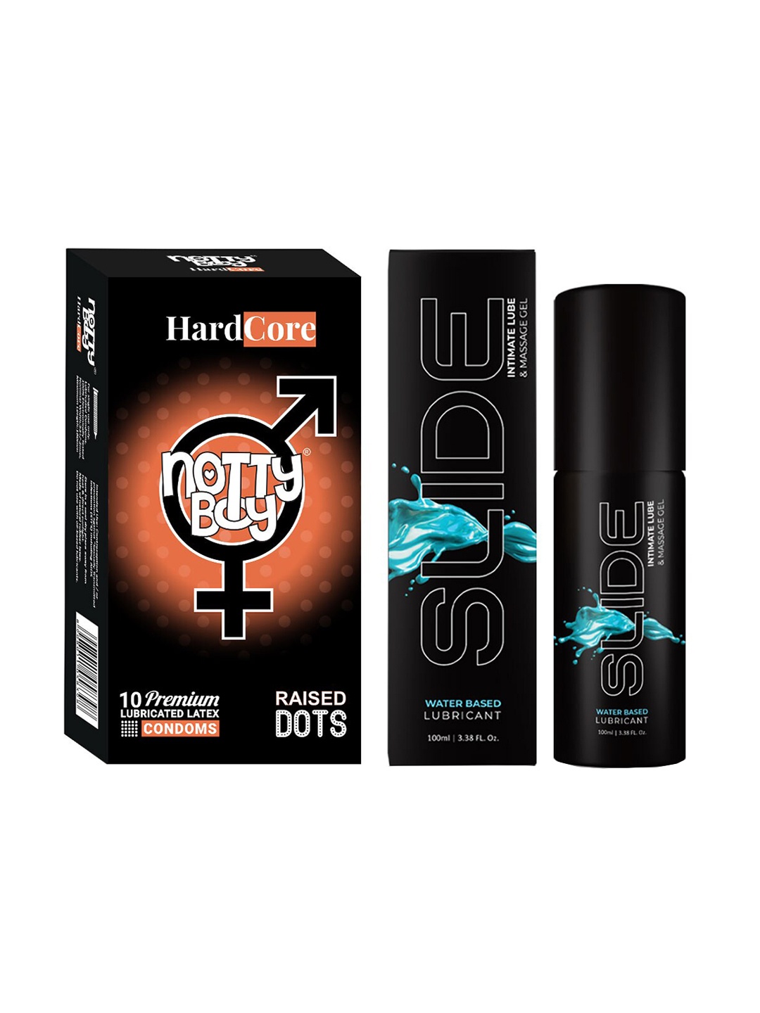 

noTTy Boy Set of Slide Water Based Lube - 100 ml & HardCore Condoms - 10 Pcs, Black