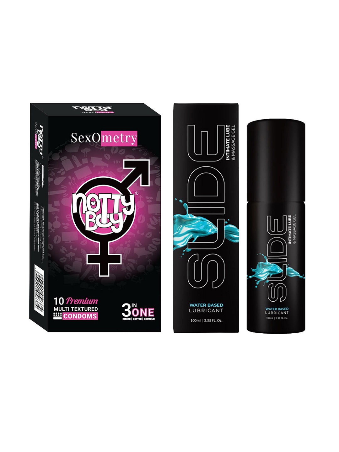 

noTTy Boy Set Of 2 Slide Water Based Lubricant & Massage Gel - 100 ml With Condoms - 10Pcs, Black