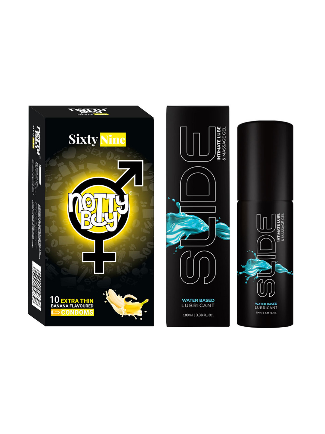 

noTTy Boy Set Of 2 Slide Lubricant & Massage Gel with Green Apple Flavored Condoms - 10Pc, Black