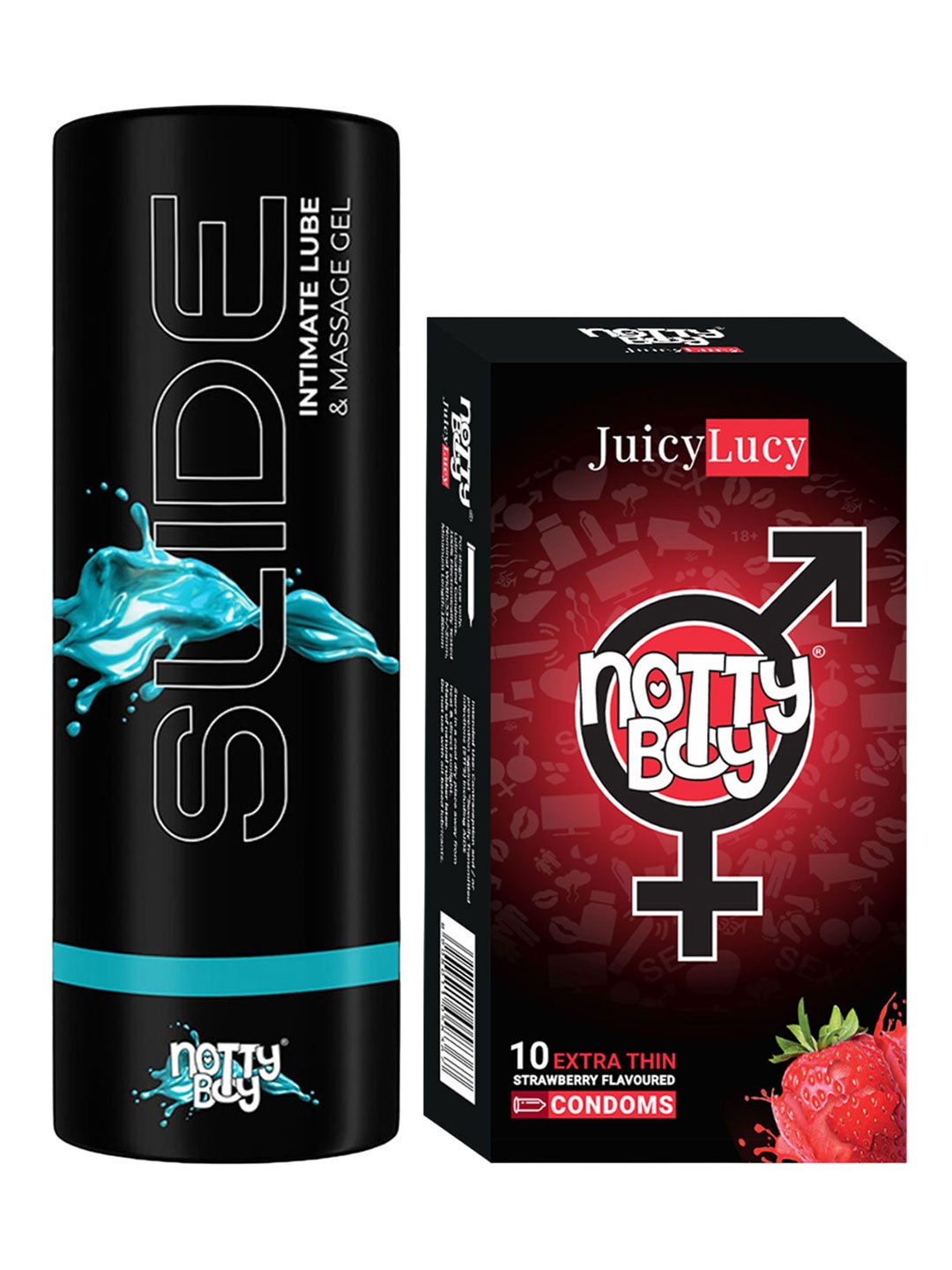 

noTTy Boy Set of Slide Water Based Lube - 100 ml & JuicyLacy Strawberry Condoms - 10 Pcs, Black