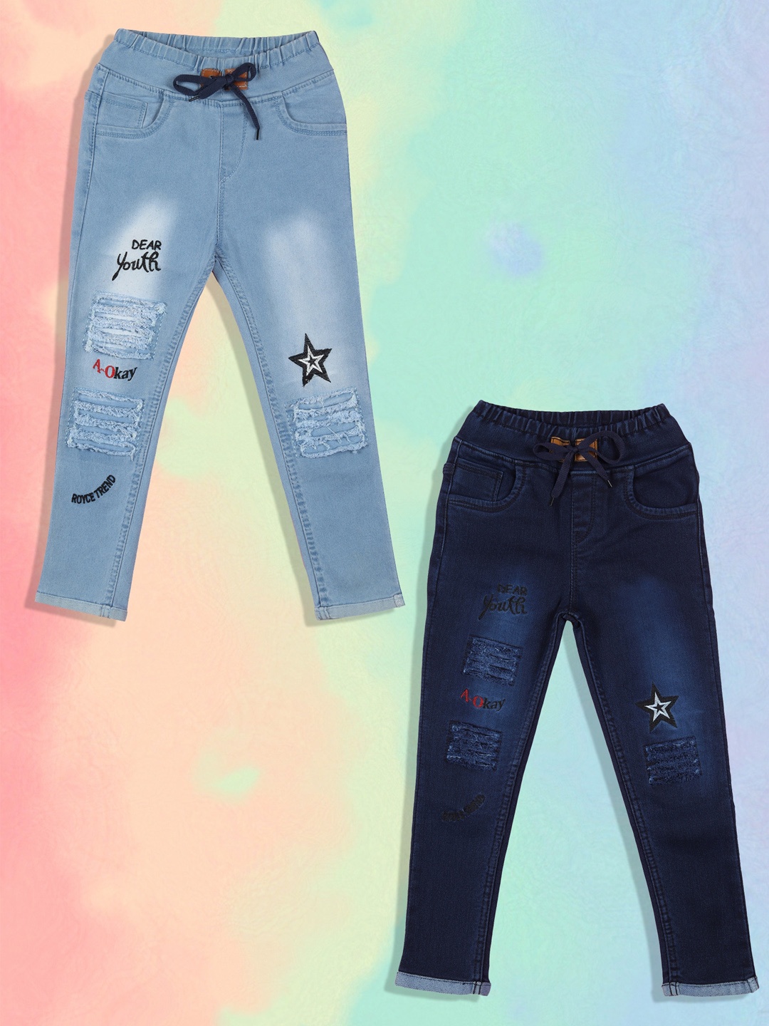 

A-Okay Girls Pack Of 2 Slim Fit High-Rise Mildly Distressed Light Fade Embroidered Jeans, Turquoise blue