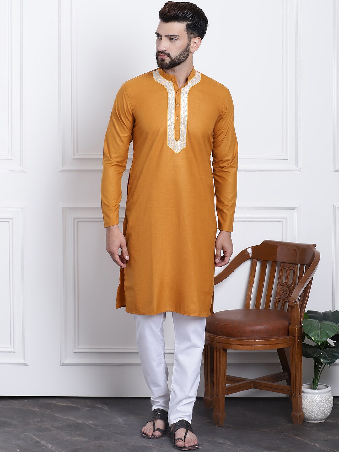 

SOJANYA Yoke Design Regular Gotta Patti Pure Cotton Kurta with Churidar, Mustard