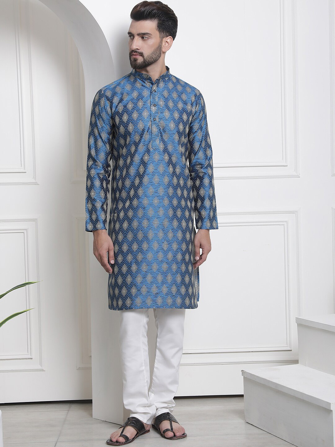 

SOJANYA Geometric Woven Design Regular Jacquard Silk Cotton Kurta with Churidar, Blue