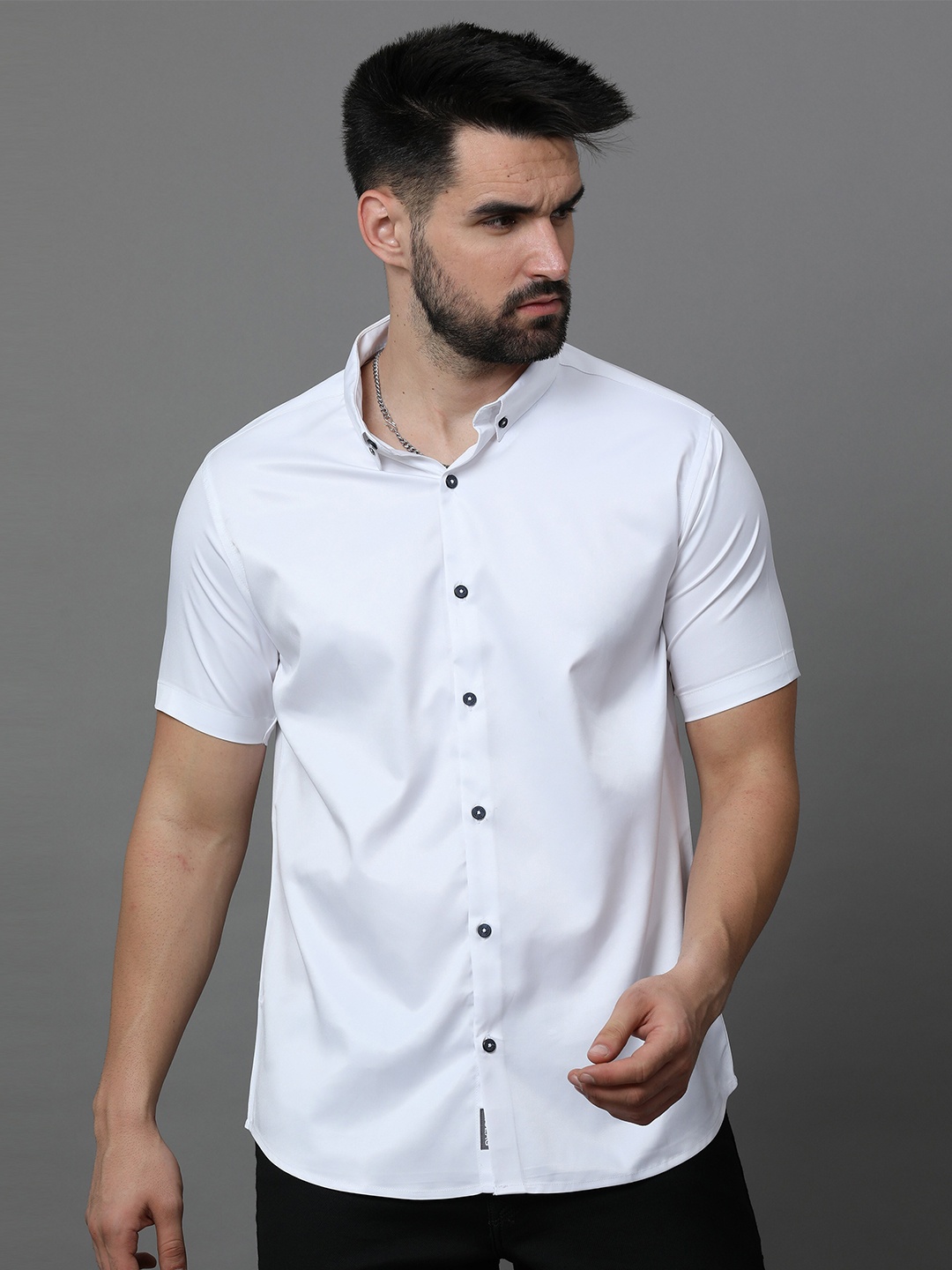 

Reslag Button-Down Collar Satin Casual Shirt, White