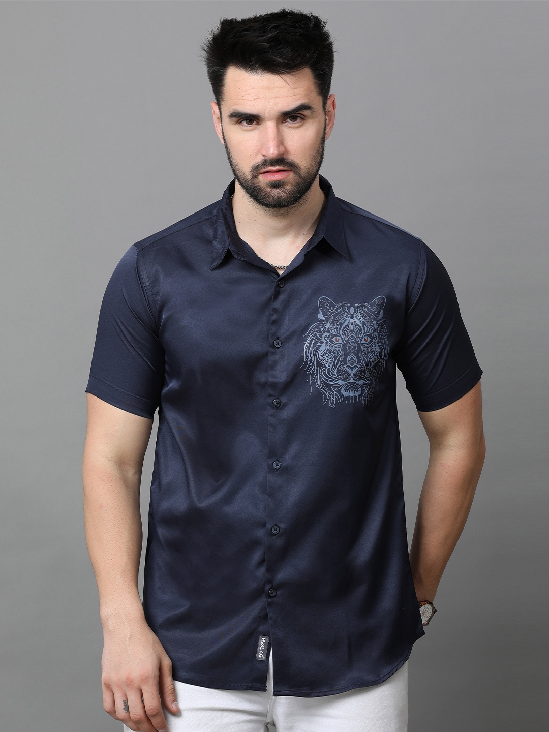 

Reslag Graphic Printed Casual Satin Shirt, Blue