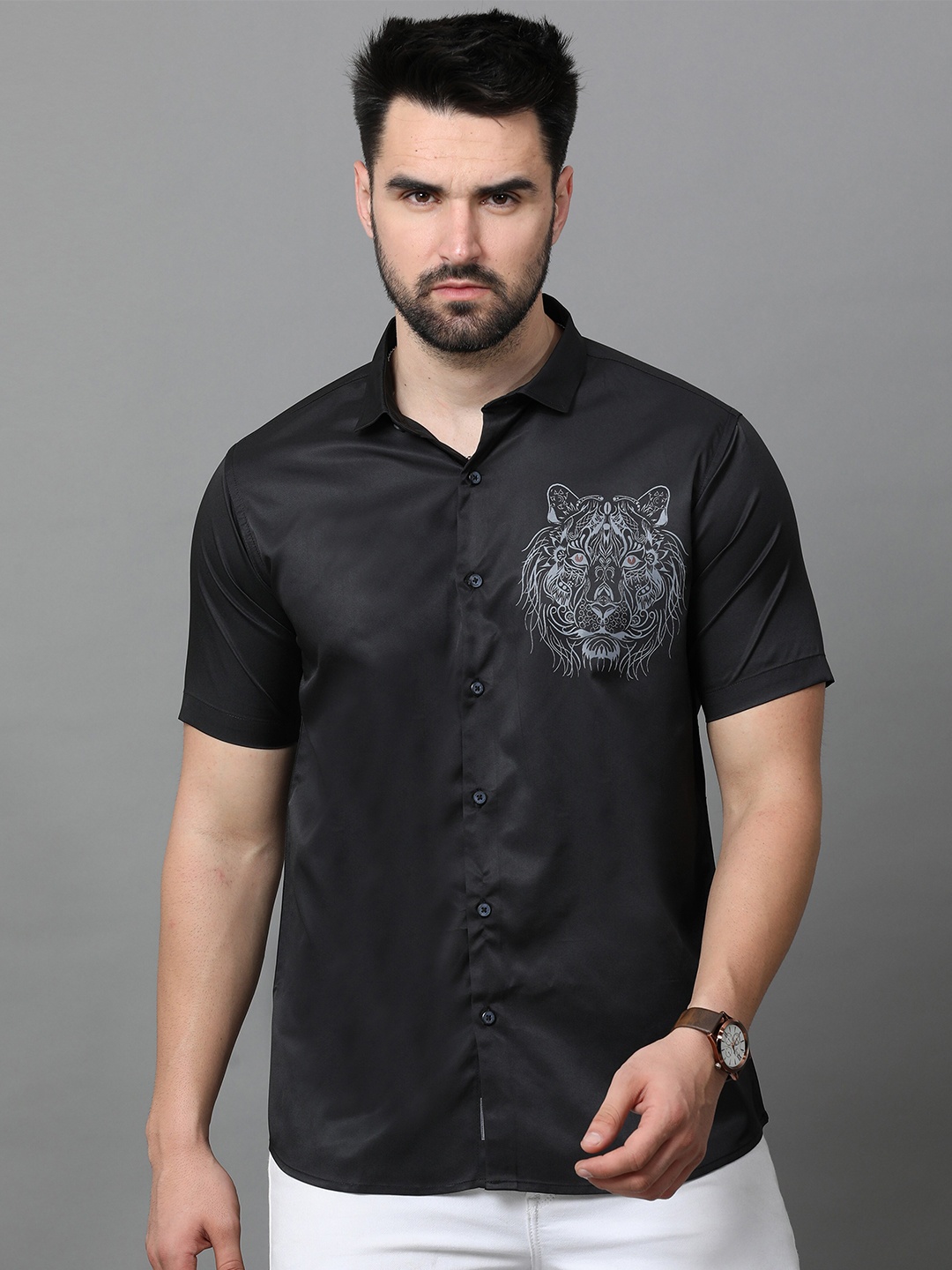 

Reslag Graphic Printed Satin Casual Shirt, Black