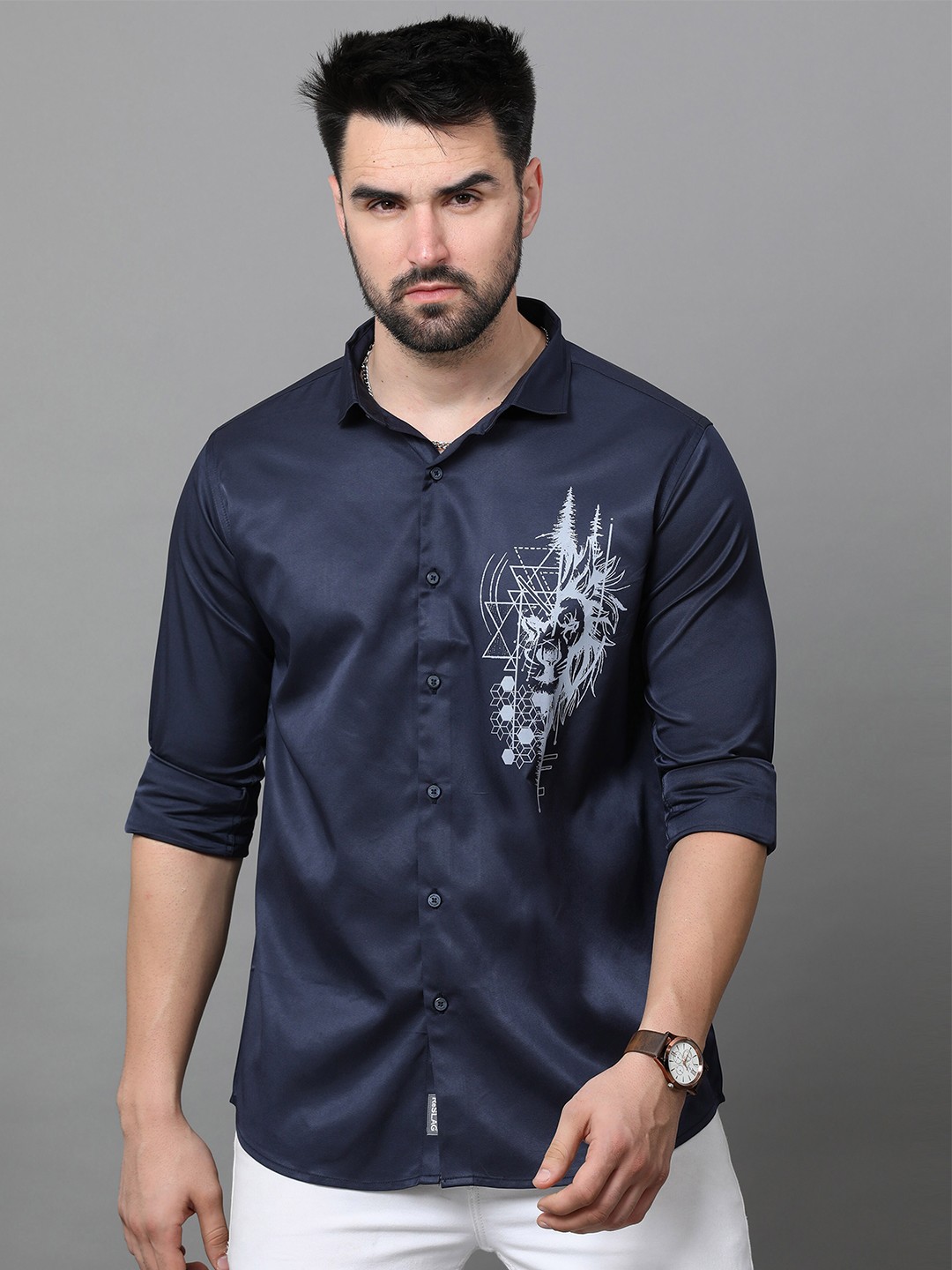 

Reslag Graphic Printed Casual Satin Shirt, Blue