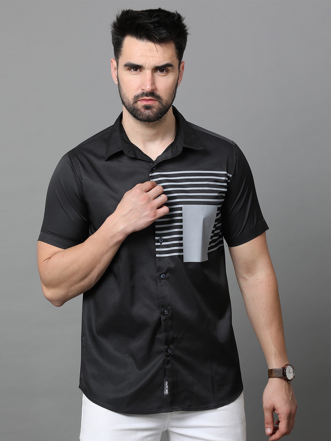 

Reslag Horizontal Striped Satin Casual Shirt, Black