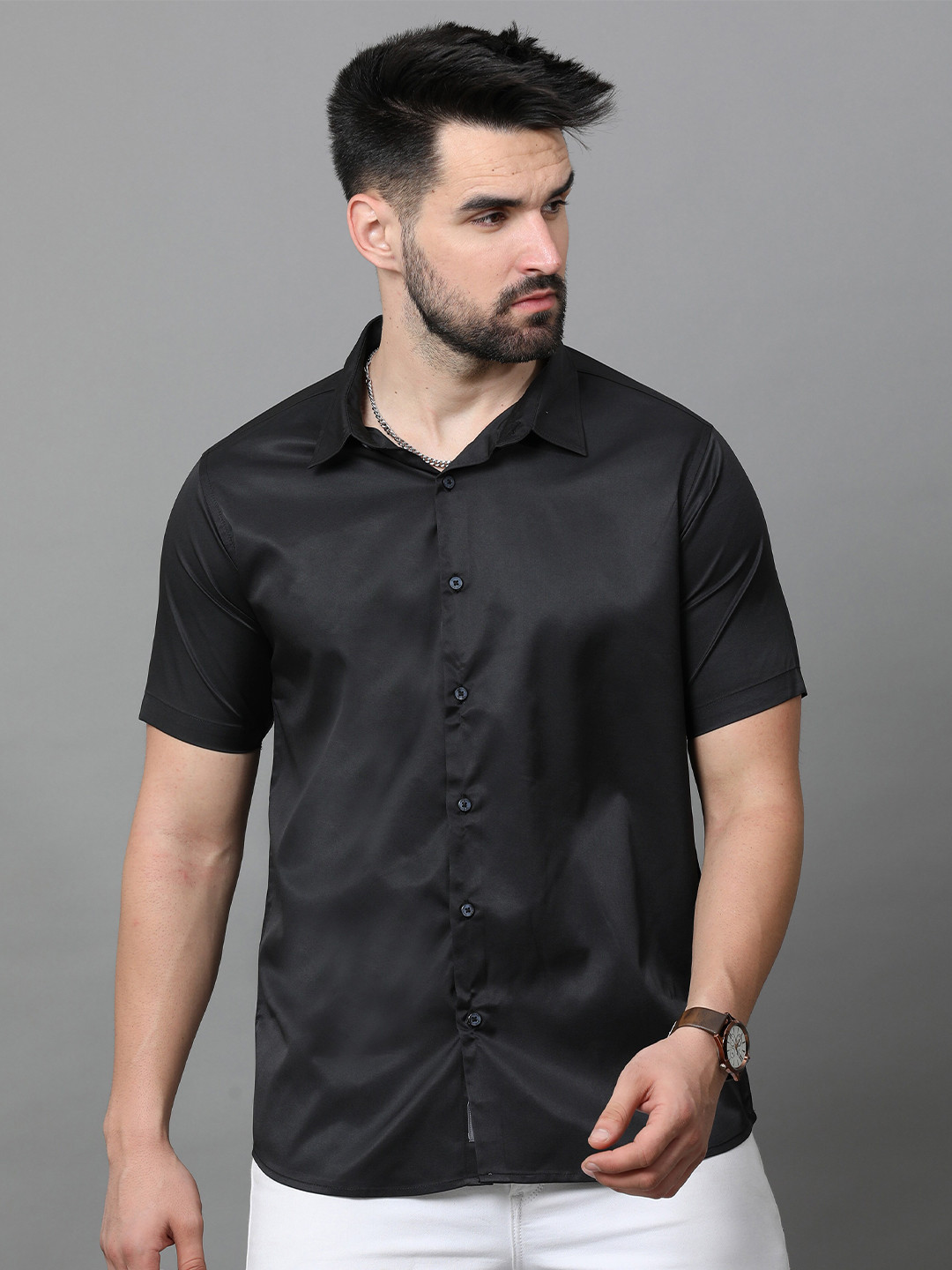 

Reslag Spread Collar Satin Casual Shirt, Black
