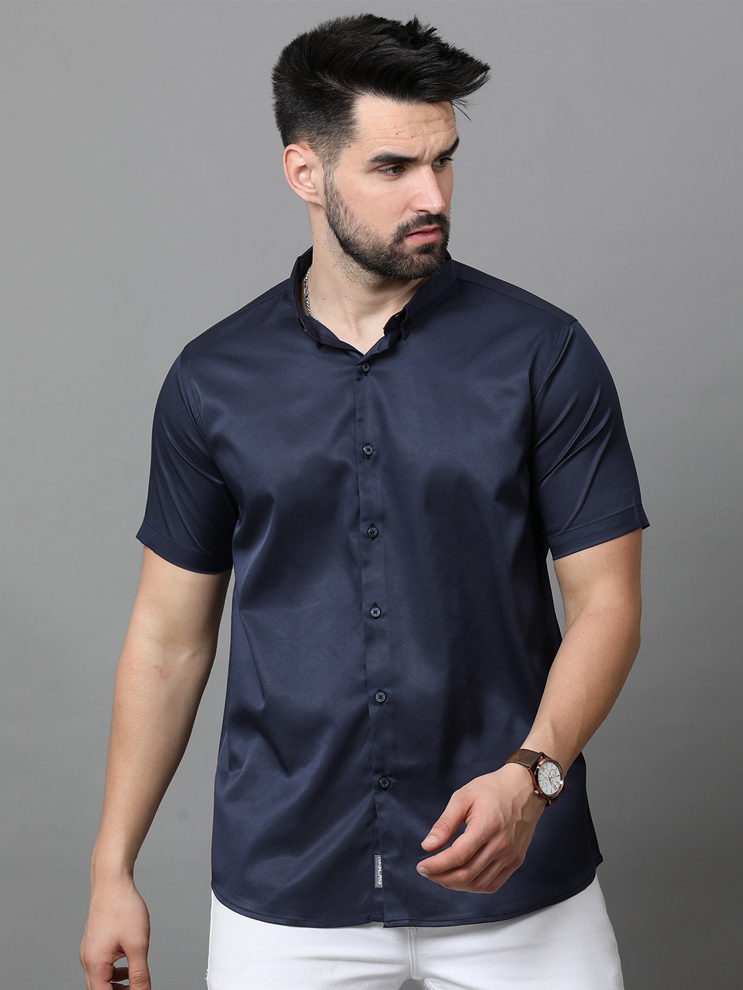 

Reslag Button-Down Collar Satin Casual Shirt, Navy blue