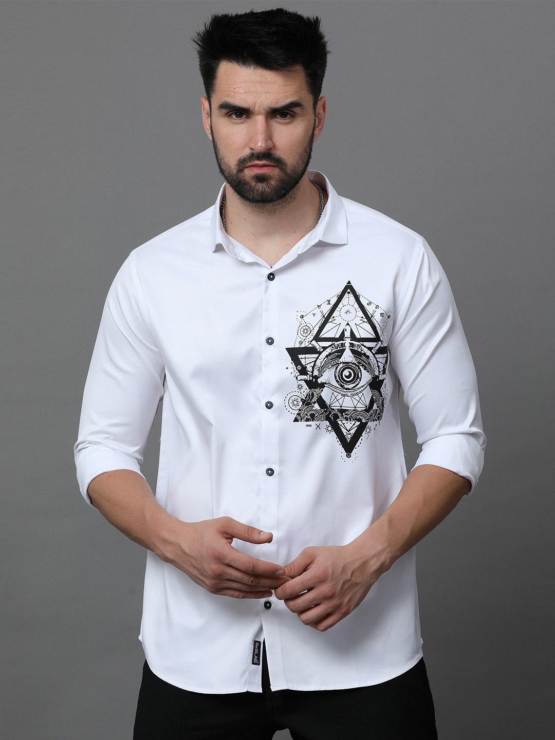 

Reslag Ethnic Motifs Printed Casual Satin Shirt, White