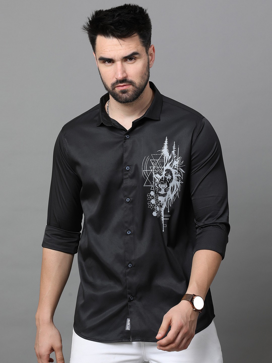 

Reslag Graphic Printed Satin Casual Shirt, Black