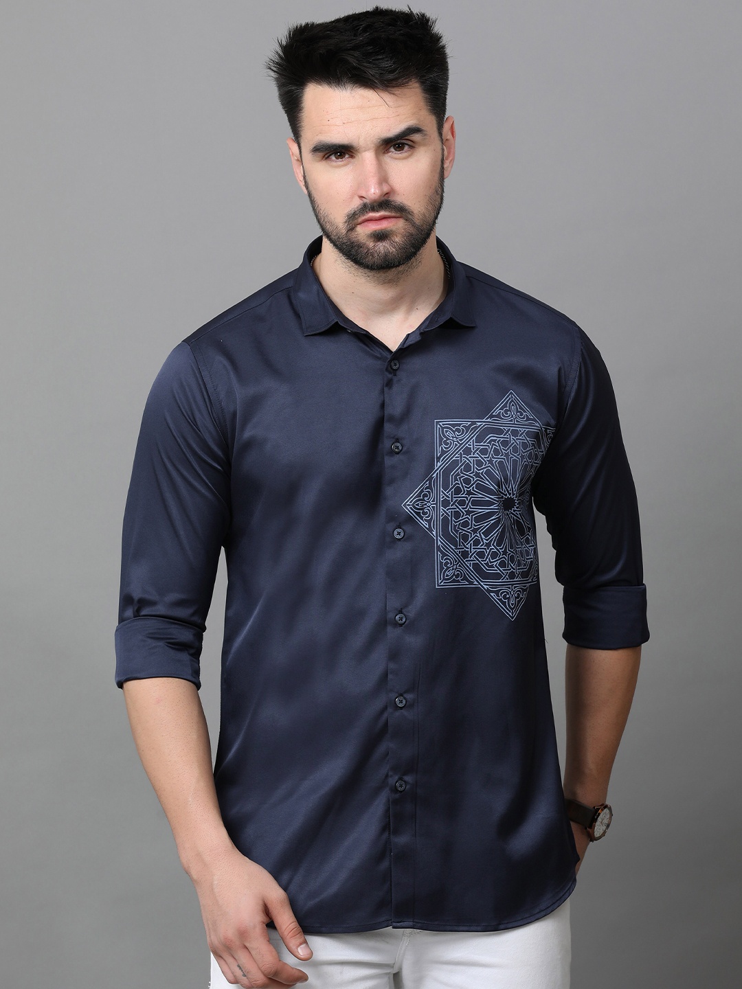

Reslag Ethnic Printed Satin Casual Shirt, Navy blue