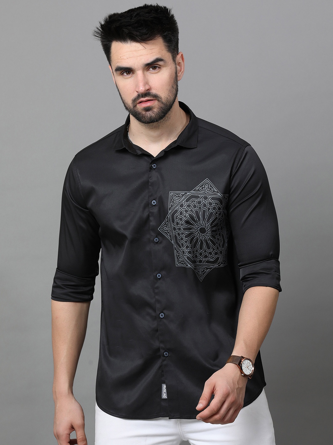 

Reslag Ethnic Motifs Printed Casual Satin Shirt, Black
