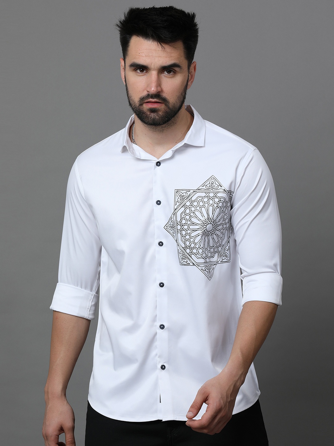 

Reslag Ethnic Motifs Printed Casual Satin Shirt, White