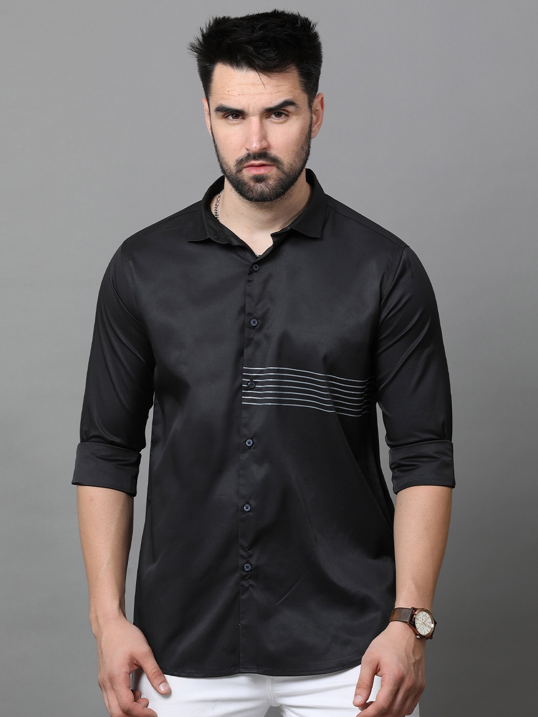 

Reslag Striped Casual Satin Shirt, Black
