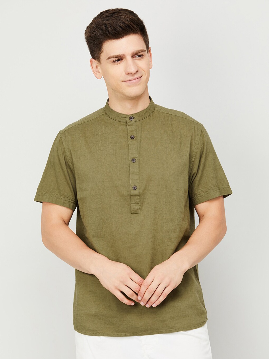 

Melange by Lifestyle Mandarin Collar Cotton Opaque Casual Shirt, Olive