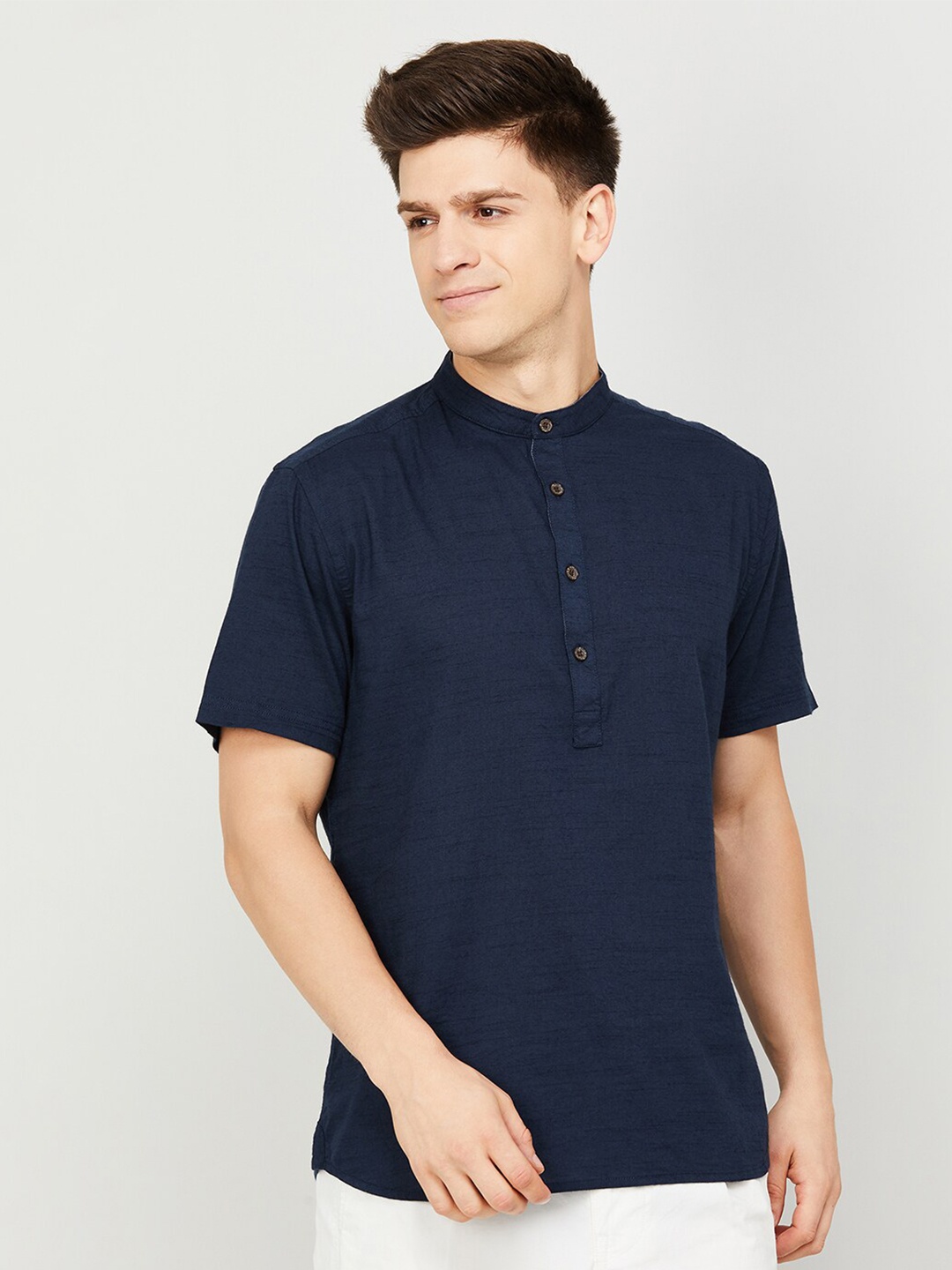 

Melange by Lifestyle Mandarin Collar Cotton Opaque Casual Shirt, Blue