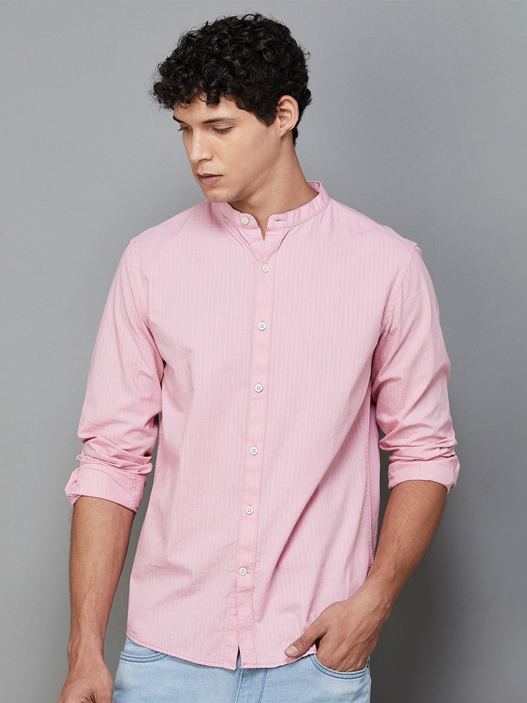 

Melange by Lifestyle Opaque Striped Mandarin Collar Cotton Casual Shirt, Pink