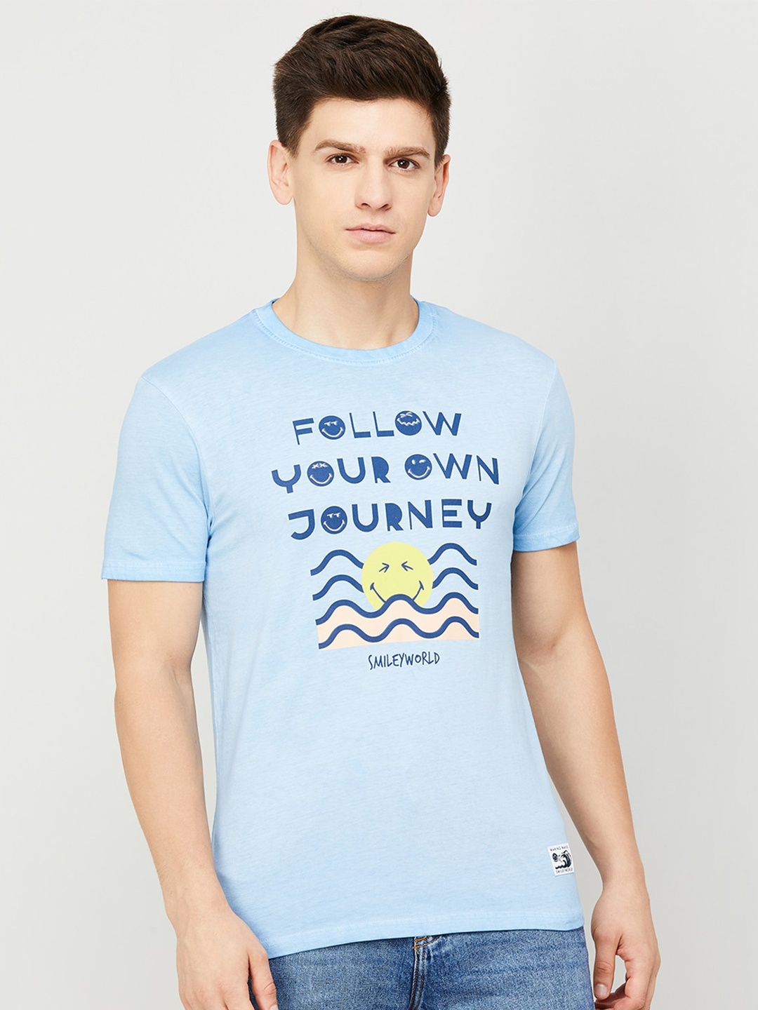SmileyWorld Typography Printed Cotton T-shirt, Blue